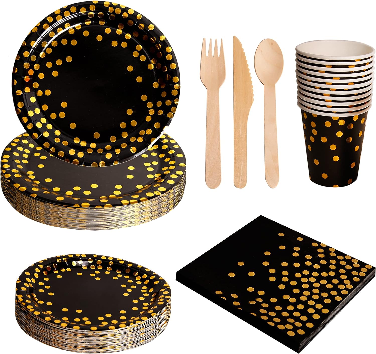 Vaisselle Anniversaire noir et or, 20 invités Vaisselle de fête